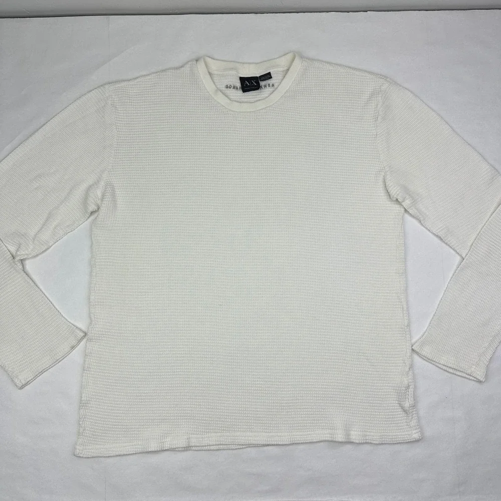 Armani Exchange Mens XXL White Waffle Knit Thermal Long Sleeve Shirt Logo Back
